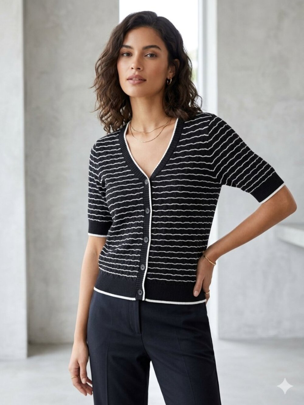 Halogen Black & White Scallop Stripe Pointelle V-Neck Cardigan - 100% Cotton